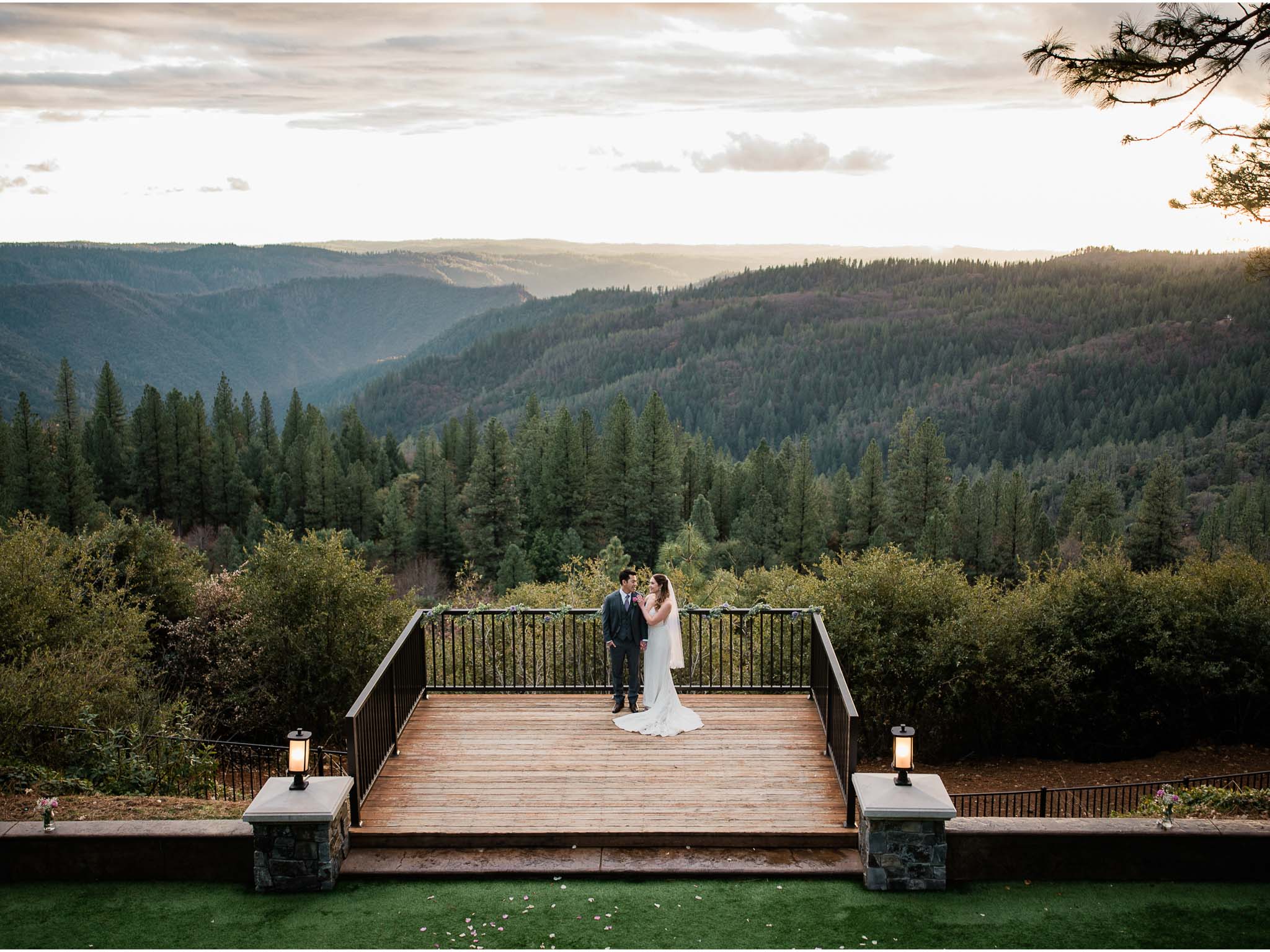 A bride and groom at a mountain wedding venue.