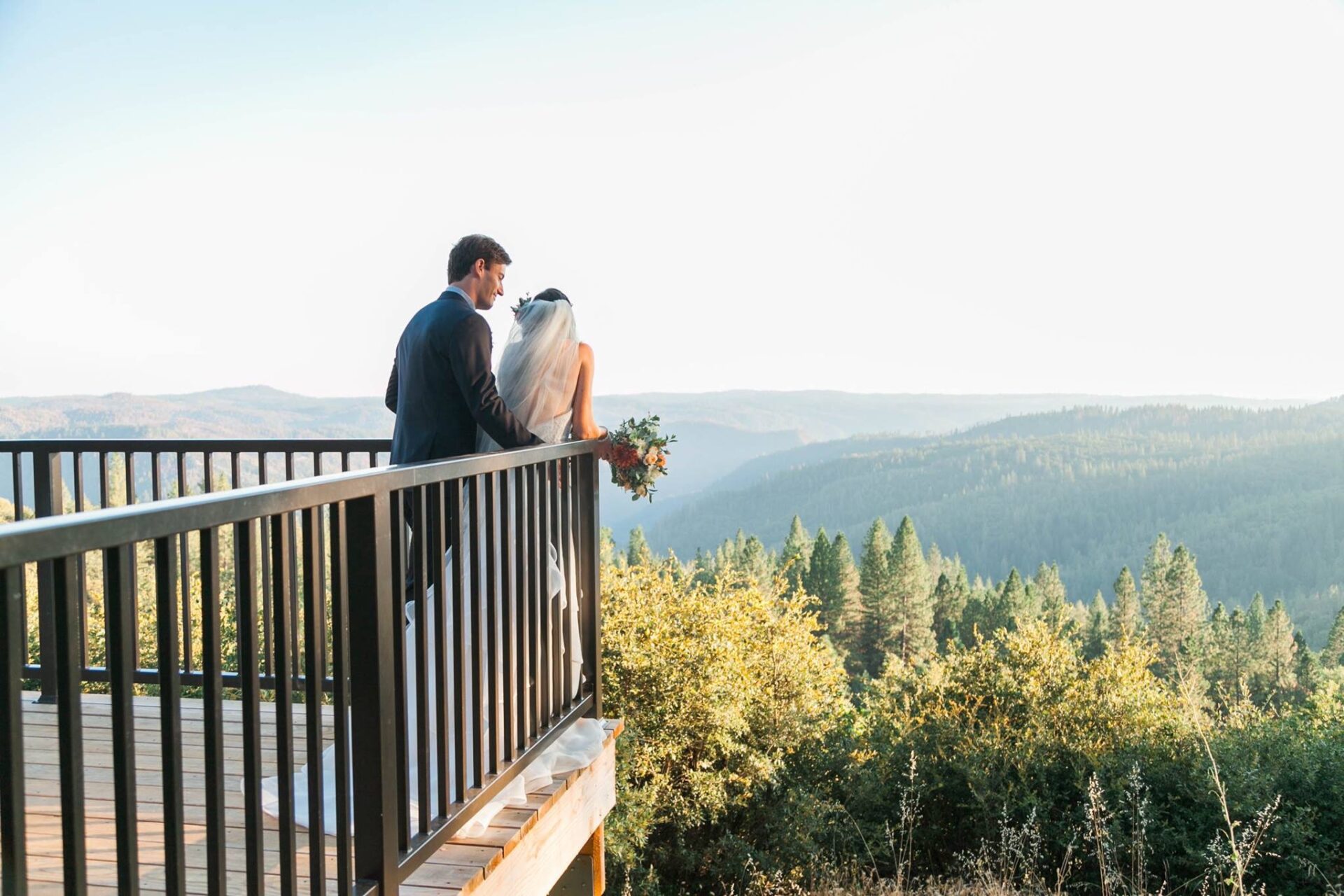 A bride and groom overlooking a mountainscape.